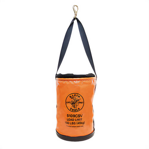 Klein® 5109CSV Top Closing Lineman Bucket with Swivel Snap and Polyester Web Handle, 17 in H, Vinyl, Orange