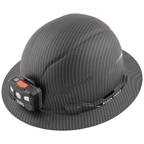 Klein® 60346 Hard Hat, Premium Karbn™ Pattern, 4-Point Suspension, Non-Vented Full Brim, PC/ABS, Class E, Lamp, 6.5 to 8