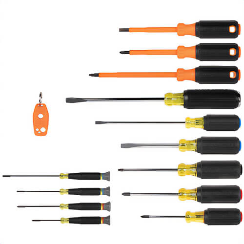 Klein® 85814 Color-Coded Screwdriver Set, Non-Magnetic, Steel, 3 in to 7 in Shank, 14 pc