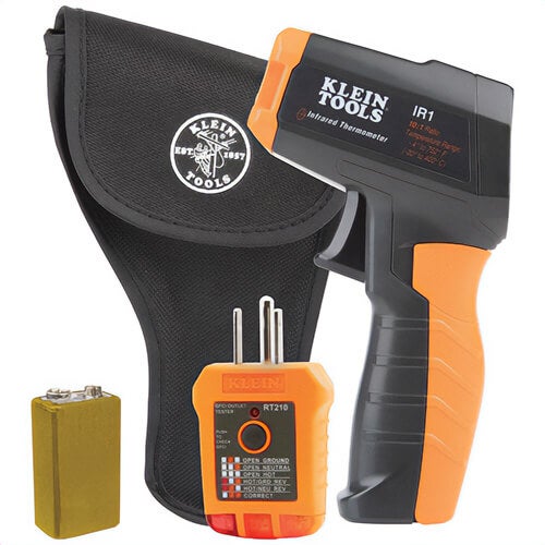 Klein® IR1KIT Infrared Thermometer and and GFCI Receptacle Tester Kit, -20 to 400°C, ± 2 % Accuracy, 0.4173611 Focus Spot, 0.95