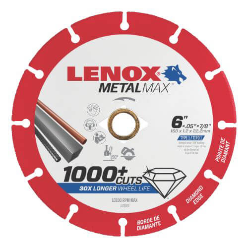 Lenox® 1972923 MetalMax™ Type 1 Cut-Off Wheel, 6 in dia x 0.05 in Thick, 7/8 in Center Hole, 40/50 Grit, Diamond Abrasive