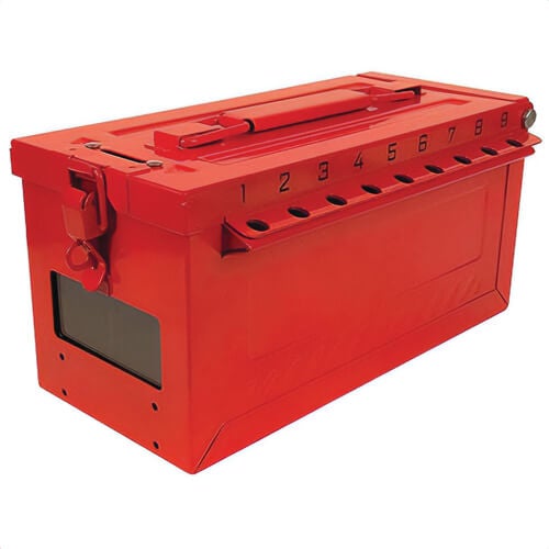 Master Lock® S600 Portable Small Group Lock Box with Key Window, 19 Padlocks, Hinged Door, Red