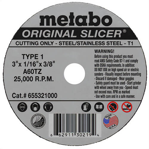 Metabo® 655321000 Original Slicer® Type 1 Straight Cut-Off Wheel, 3 in dia x 1/16 in Thick, 3/8 in Center Hole, 60 Grit