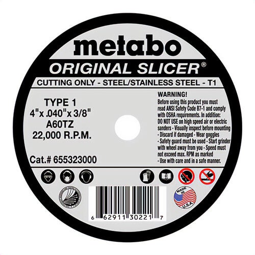 Metabo® 655323000 Original Slicer® Type 1 Straight Cut-Off Wheel, 4 in dia x 0.04 in Thick, 3/8 in Center Hole, 60 Grit