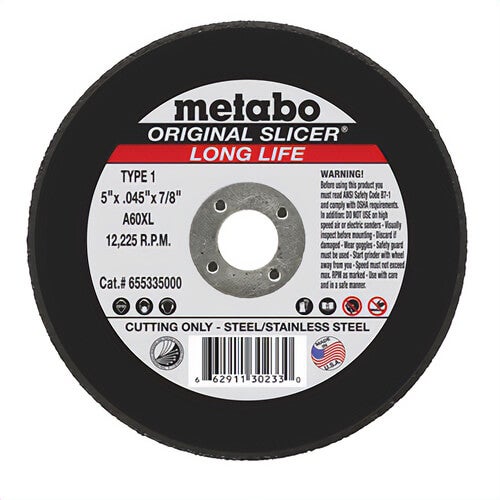 Metabo® 655335000 Original Slicer® Long Life Type 1 Straight Tough Cut-Off Wheel, 5 in dia x 0.045 in Thick, 7/8 in Center Hole, 60
