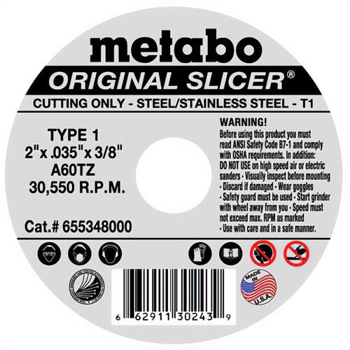 Metabo® 655348000 Original Slicer® Type 1 Straight Cut-Off Wheel, 2 in dia x 0.035 in Thick, 3/8 in Center Hole, 60 Grit