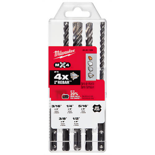 Milwaukee® 48-20-7498 MX4™ Rotary Hammer Drill Kit, 3/16 in Minimum Drill Bit, 1/2 in Maximum Drill Bit, 5 pc, Carbide/Steel