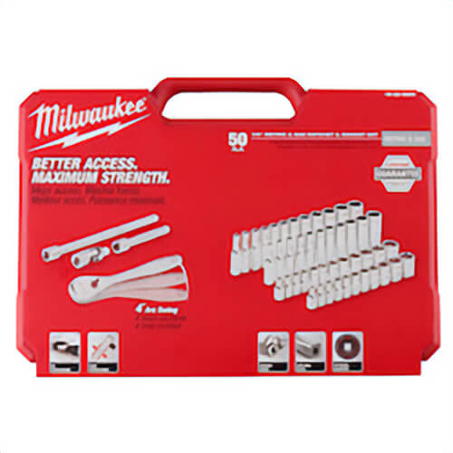 Milwaukee® 48-22-9004 Ratchet and Socket Set, Case Tool Storage, 4° Arc Swing, 1/4 in Drive, 50 pc, Steel