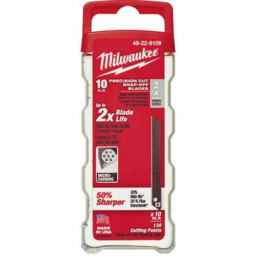 Milwaukee® 48-22-9109 Pro 10 pc Precision Utility Knife Blade with Dispenser, Micro Carbide Metal, Snap-Off, 4-7/8 in L x 9 mm W Blade