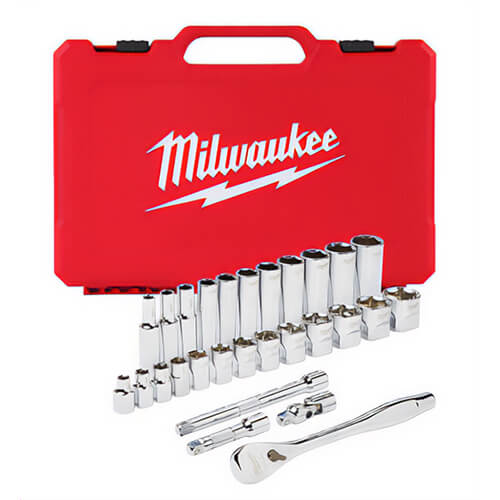 Milwaukee® 48-22-9408 Ratchet and Socket Set, Case Tool Storage, 4° Arc Swing, 3/8 in Drive, 28 pc, Steel