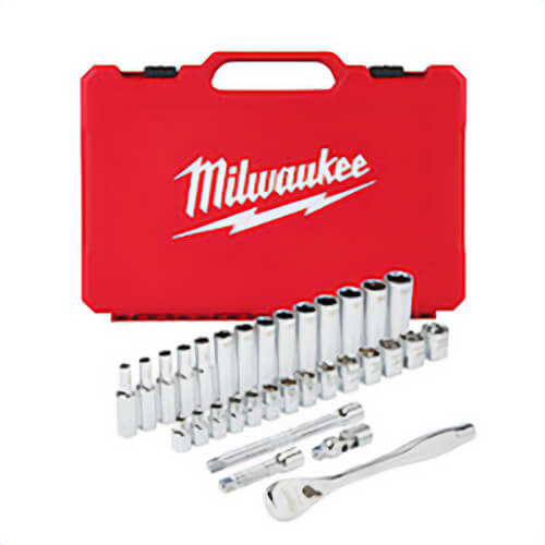 Milwaukee® 48-22-9508 Ratchet and Socket Set, Case Tool Storage, 4° Arc Swing, 3/8 in Drive, 32 pc, Steel