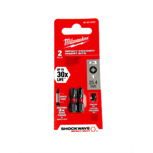 Milwaukee® 48-32-4433 ShockWave™ Impact Pozidriv Insert Bits, PZ3, 1 in, 2 pk