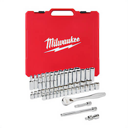 Milwaukee® 48-22-9008 Ratchet and Socket Set, Case Tool Storage, 4° Arc Swing, 1/2 in Drive, 56 pc, Steel