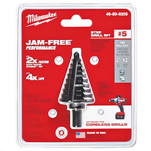 Milwaukee® 48-89-9205 Step Drill Bit, 1/4 in dia Min Hole, 1-3/8 in dia Max Hole, 10 Steps, HSS, 10 Hole Sizes, 3/8 in Shank