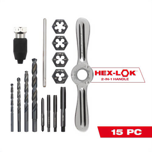 Milwaukee® 49-22-5602 SAE Tap and Die Set with Hex-Lok™ 2-in-1 Handle, 15 pc