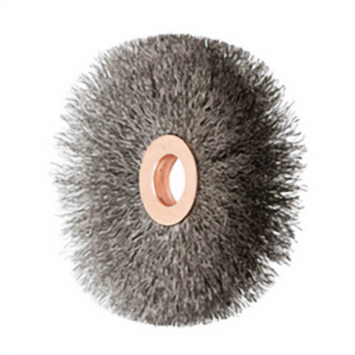 Pferd 81586 Small dia Tube Center Wheel Brush, 3 in dia Brush, 5/8 in W Face, 0.006 in dia Crimped Filament/Wire, 1/2 in Arbor Hole