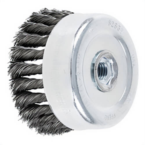 Pferd 82539 Internal Nut Single Row Cup Brush, 4 in dia Brush, 5/8-11 Arbor Hole, 0.014 in dia Filament/Wire, Standard/Twist Knot, Carbon Steel Fill