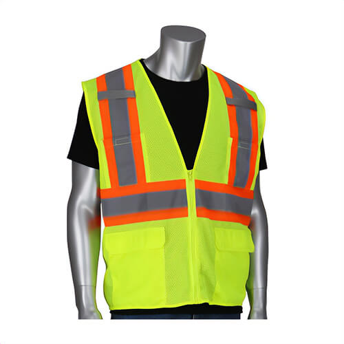 PIP® 302-MVZT-LY/2X 2-Tone High Visibility Safety Vest, 2 Extra-Large, Hi-Viz Yellow, Polyester Mesh, Zipper Closure, 6 Pockets