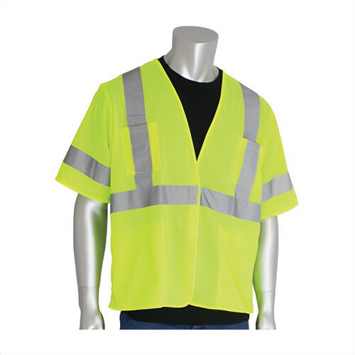 PIP® 303-HSVELY-M Safety Vest, Medium, Hi-Viz Lime Yellow, Polyester Mesh, Hook and Loop Closure, 4 Pockets, ANSI Class: Class 3