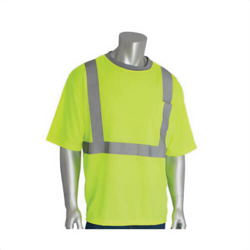 PIP® 312-1200-LY Crew Neck T-Shirt, Short Sleeve, Silver Stripe, Bird's Eye Polyester, Hi-Viz Lime Yellow