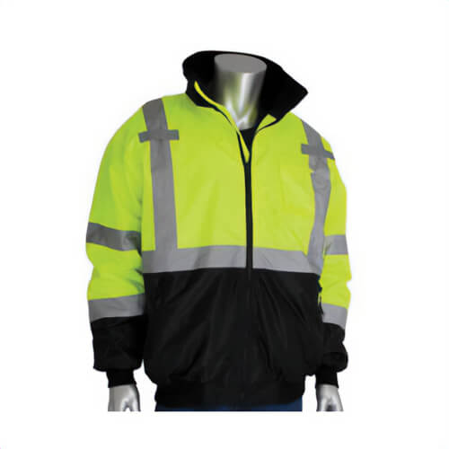 PIP® 333-1766-LY/XL Bomber Jacket with Zip-Out Fleece Liner, Hi-Viz Lime Yellow, Polyester, 59 in Chest, Resists: Water
