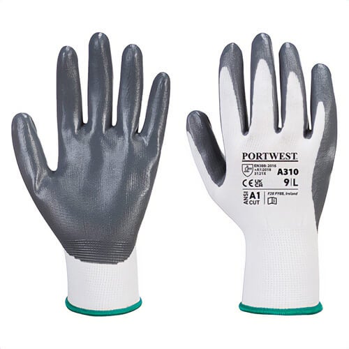 Portwest A310GRWXXL Flexo Grip Nitrile Coated Glove, Lightweight, Palm Dipped, Gray/White, 2XL