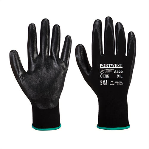 Portwest A320BKRXXL Dexti-Grip Glove, Nitrile Foam, Palm Dipped, Elasticized Cuff, ANSI Cut Level A1, Abrasion Level 3, Black, 2XL