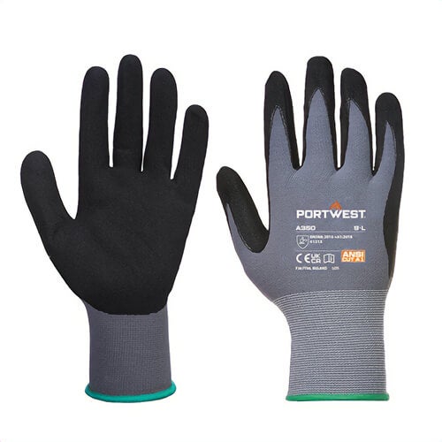 Portwest A350BKRXXXL DermiFlex Glove, Nitrile Foam, Lightweight, Palm Dipped, 15 ga Liner, ANSI Abrasion Level 4, Black, 3XL