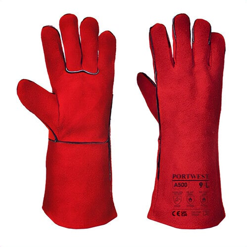 Portwest A500RERXL Welders Gauntlet, Cow Split Leather, Full Cotton Lining, Cut Level A2, Abrasion Level 3, Red, XL