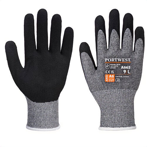 Portwest A665GRRXXL VHR Advanced Cut Glove, Nitrile Foam Coating, Palm Dipped, ANSI Cut Level A6, ANSI Abrasion Level 6, Gray, 2XL