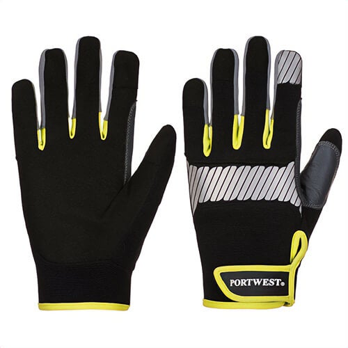 Portwest A770BKYXXL PW3 General Utility Glove, Reflective Tape, Lightweight, Wrist Strap, Touchscreen, Black/Yellow, 2XL