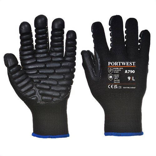 Portwest A790BKRXXL Anti Vibration Glove, Reduce Vibration 40%, Lightweight, Breathable Seamless Liner, Black, 2XL