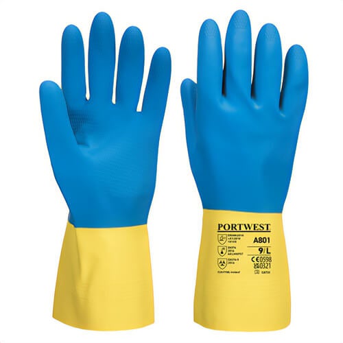 Portwest A801Y4RXL Double Dipped Latex Gauntlet, Textured Pattern, Chemical Resistant, 12 in Length, Yellow/Blue, XL