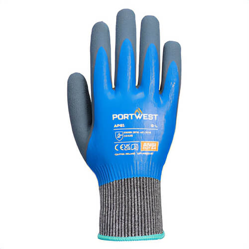 Portwest AP81B4RXXL Liquid Pro HR Cut Glove, Dual Latex and Liquid Pro Coating, ANSI Abrasion Level 6, Cut Level A4, Blue, 2XL