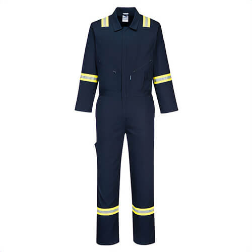 Portwest F129NARXXXL Iona™ Xtra Enhanced 100% Cotton Coverall, 8 Pockets, Yellow/Silver Reflecive Tape, Navy, 3XL