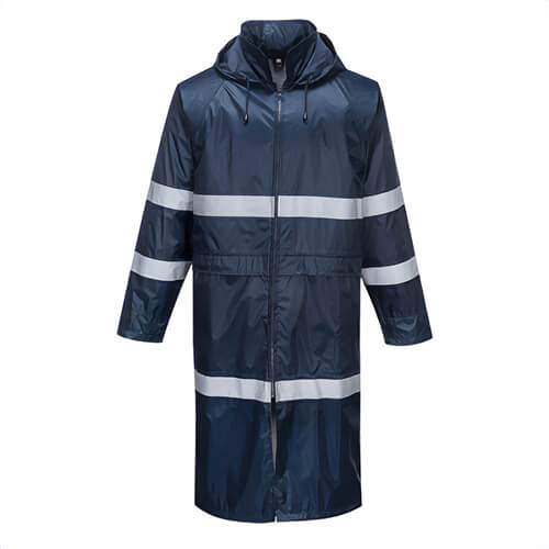 Portwest F438NAR4XL Iona™ Enhanced Hooded Rain Coat, 47 in, Lightweight, Waterproof, Reflective Tape, Front Zip, Navy, 4XL