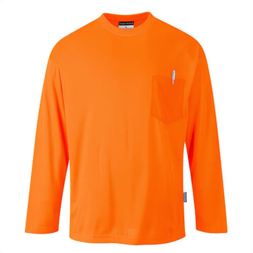 Portwest S579ORRL Day-Vis Pocket T-Shirt, Longsleeve, Moisture Wicking, Lightweight, 40+ UPF Rated Fabric, Orange, L