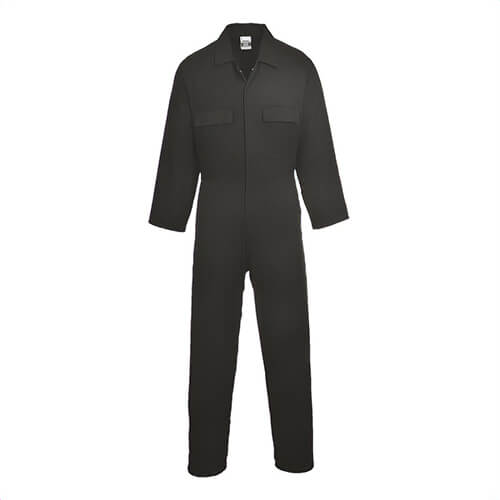 Portwest S998BKRM Cotton Work Coverall, 5 Pockets, Concealed Snap Front, Side Elastic Waist, 40+ UPF Rated Fabric, Black, M