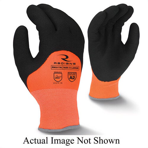 Radians® RWG17S General Purpose Gloves, Cold Weather/Dipped Palm, Extra Grip/String Knit Style, S, Foam Latex Palm, 13 ga Nylon, Black/Hi-Viz Orange