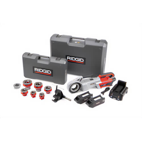 Ridgid® 72028 Power Drive 11-R, 2x 4Ah FXP™ Batteries, FXP™ Charger, 1/2-2 in 11-R NPT Die Head Set, Support Arm, Case 760 FXP™