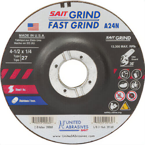 SAIT® 20060 General Purpose Depressed Center Wheel, 4-1/2 in dia x 1/4 in Thick, 7/8 in Center Hole, 24 Grit