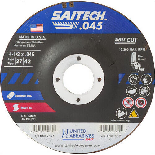 SAIT® Saitech™ 22072 High Performance Depressed Center Wheel, 4-1/2 in dia x 0.045 in Thick, 7/8 in Center Hole, 36 Grit