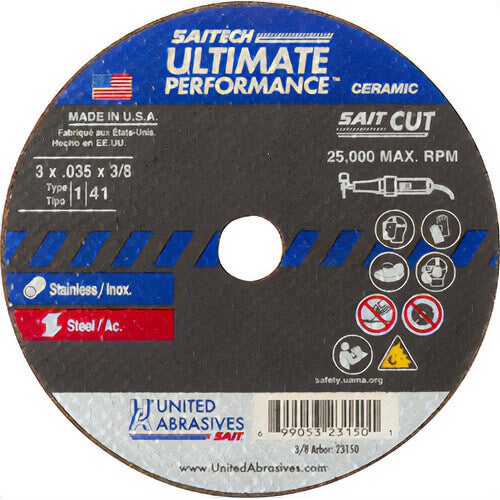 Saitech™ Ultimate Performance™ 23150 High Performance Thin High Speed Cut-Off Wheel, 3 in dia x 0.035 in Thick, 3/8 in Hole, 46 Grit