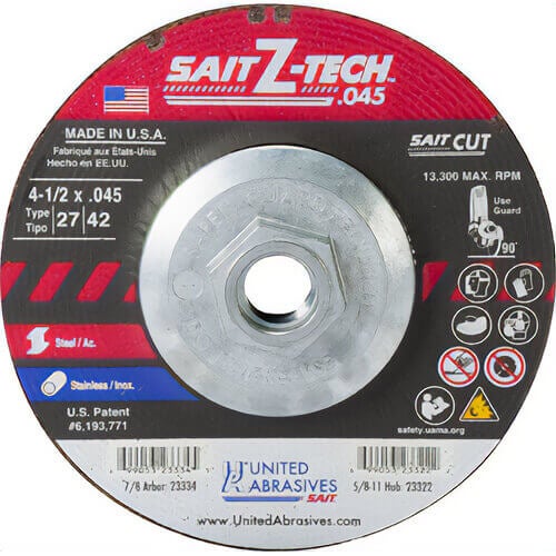 SAIT® 23322 Z-Tech™ High Performance Cutting Wheel, Zirconium Grain 4-1/2 dia, 0.045 Thick, 5/8 in-11 Arbor, 10 ea