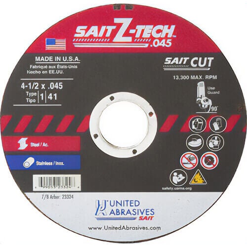SAIT® Z-Tech™ 23324 High Performance Thin High Speed Cut-Off Wheel, 4-1/2 in dia x 0.045 in Thick, 7/8 in Center Hole, 36 Grit