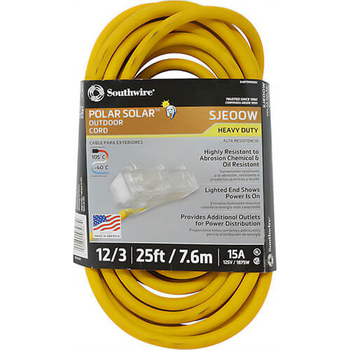 Southwire® Polar/Solar™ 3487SW0002, 25 ft, 12/3 SJE OOW, 3-Way Power Block, Yellow