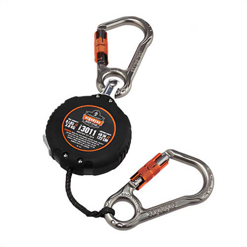 Ergodyne® 19311 Squids® 3011 Dual Carabiner Retractable Standard Tool Lanyard with Carabiner Mount, 48 in Size, 8 lb Capacity