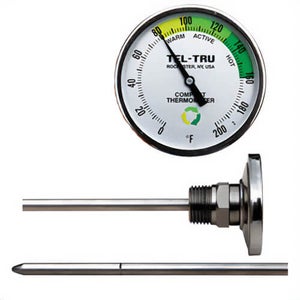 Tel-Tru® 311C2050AKKDHAA Dial Thermometer, Back Connected, 0°/200°F, 1/2 in NPT, 20 in L Stem, 2 in Dial Size