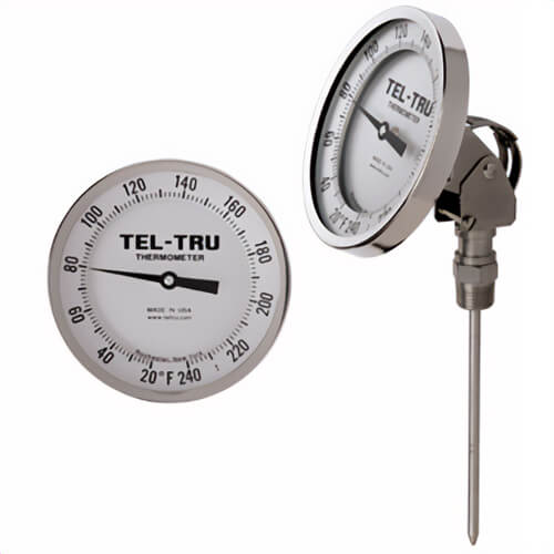 Tel-Tru® 42101514AKLAAAA Dial Thermometer, Adjustable Angle Connected, 0°/250°F, -20°/120°C, 1/2 in NPT, 15 in L Stem, 5 in Dial 