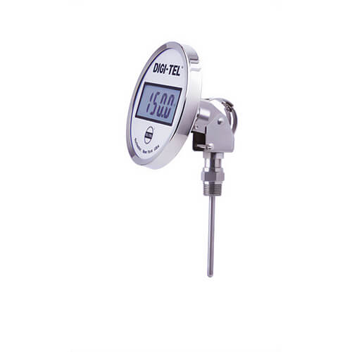 Tel-Tru® ND5AB58213-P22126 Digital Thermometer, Adjustable Angle Connected, -60°/400°C, 1/2 in NPT, 12 in L Stem, 5 in Dial Size